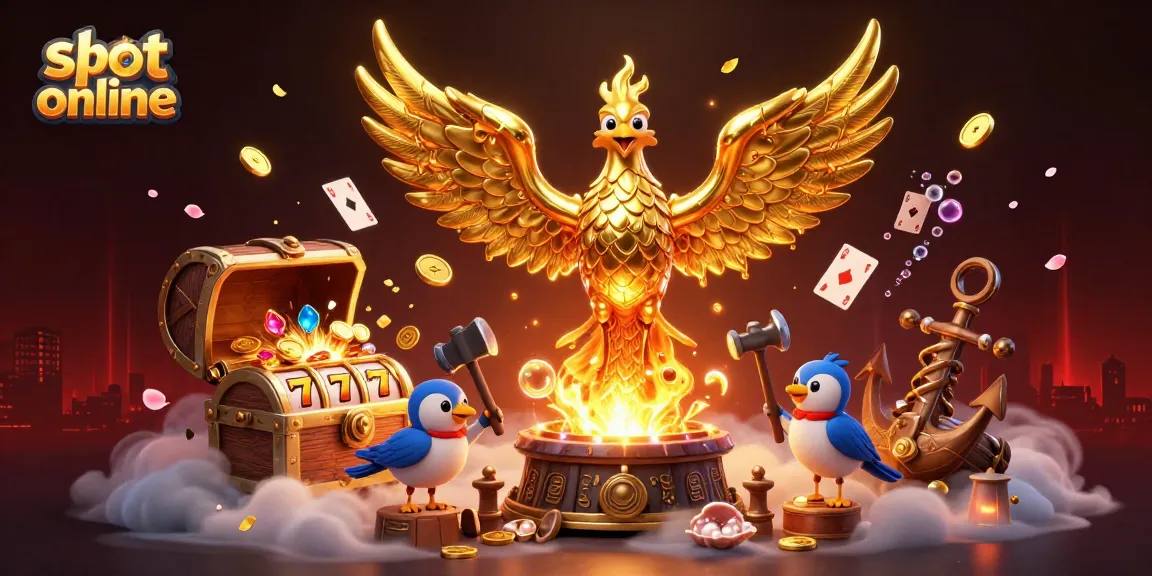 Menangkan slot online dengan gambar ilustrasi phoenix emas menarik yang dikelilingi koin emas dan simbol slot.