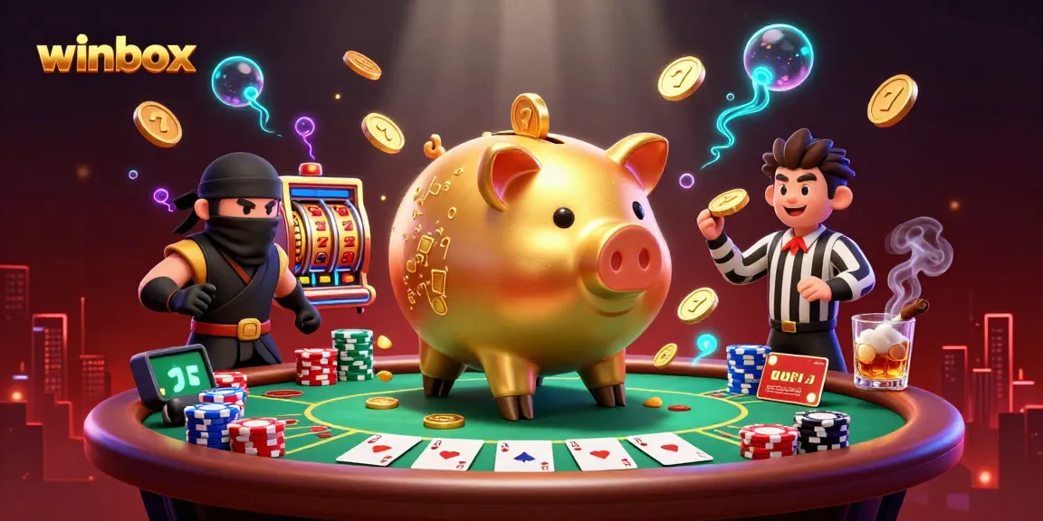 Winbox features a golden piggy bank sumo wrestler stomping coins while surrounded by poker elements.
