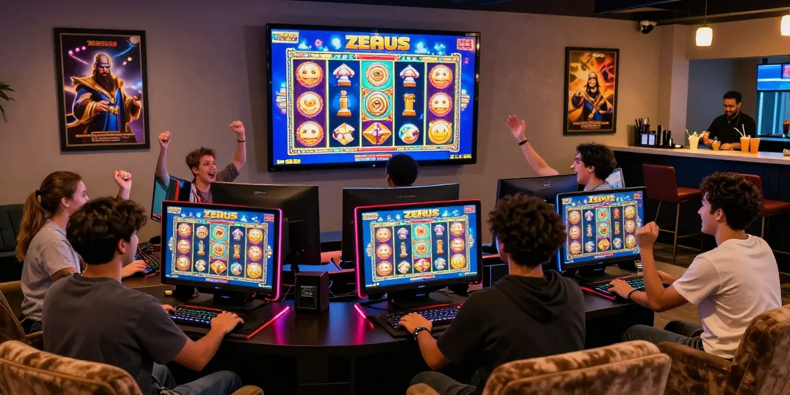 Zeus Slot gaming atmosphere with diverse players celebrating wins in a vibrant lounge setting, showcasing excitement and engagement.