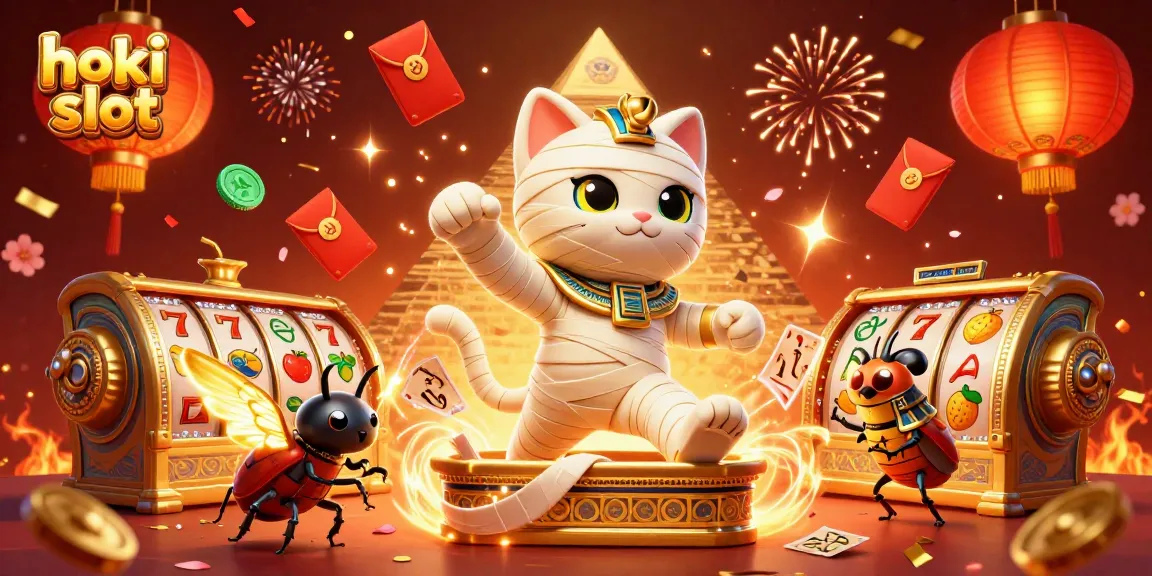 Experience the thrilling hoki slot action with a cat mummy in a dynamic 3D casino scene.