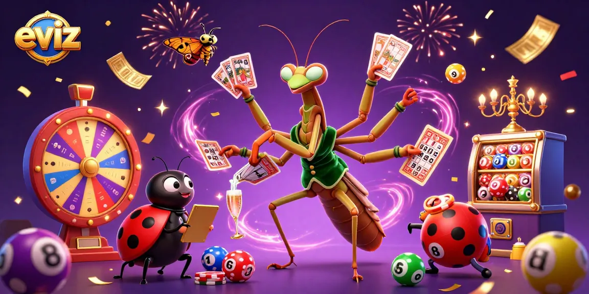 Experience the excitement at eviz with a vibrant 3D casino scene featuring a mantis card sharp and dynamic lottery elements.