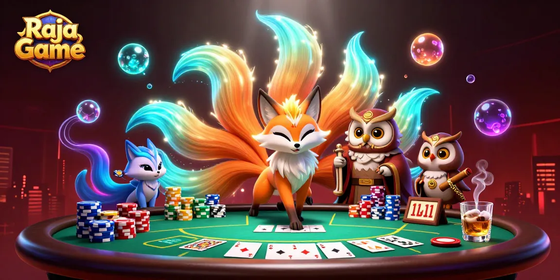 Experience exciting wins with Raja Game through colorful characters and poker elements in this vibrant illustration.
