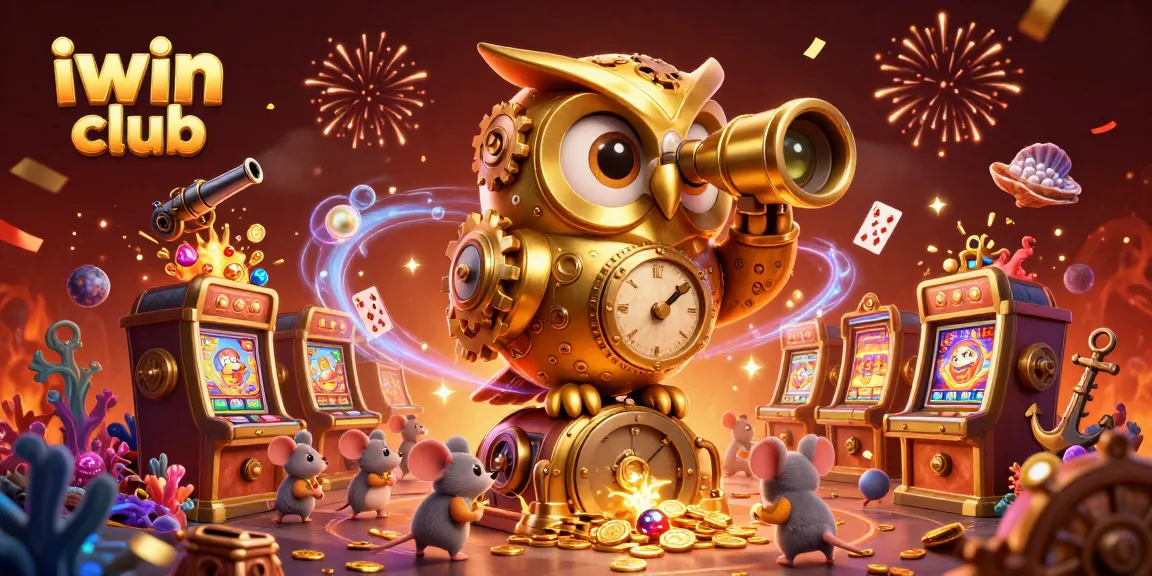 Experience the vibrant world of iwin club with a golden owl overseeing a bustling casino.