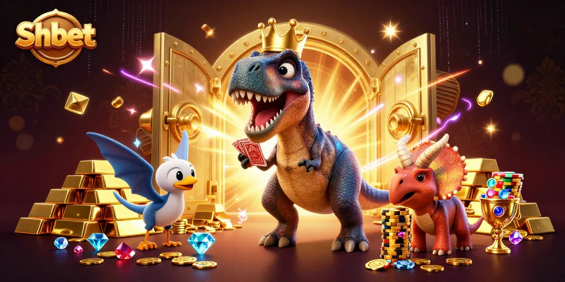 Experience thrilling Shbet gameplay with adorable dinosaur characters and sparkling casino treasures.
