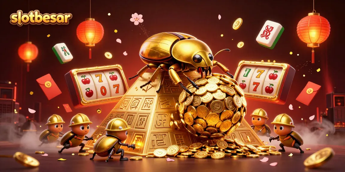 Experience thrilling wins with slotbesar, featuring a golden beetle and jackpot symbols in a vibrant casino scene.