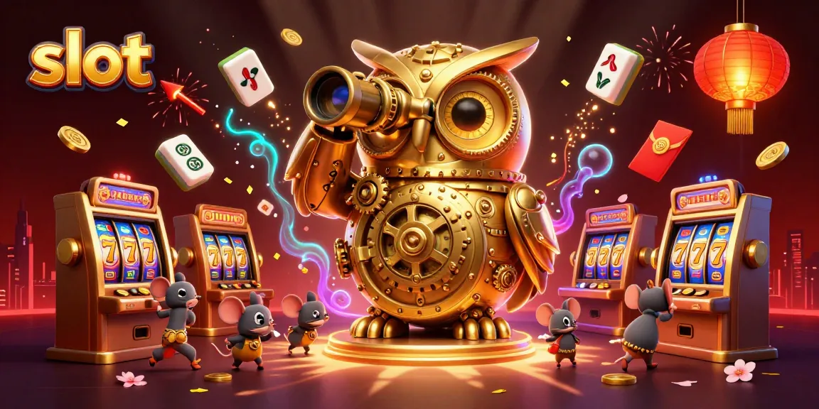 Slot mesin dengan burung hantu emas dan tikus berulang di antara mesin, cerah dan dinamis