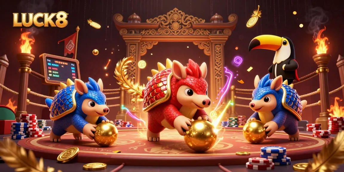 LUCK8 pangolins competing in a vibrant casino-themed arena, showcasing thrilling action.