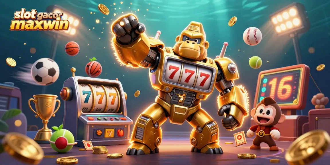 Slot gacor maxwin mempersembahkan karakter gorilla menang dengan simbol jackpot dan elemen permainan menarik.