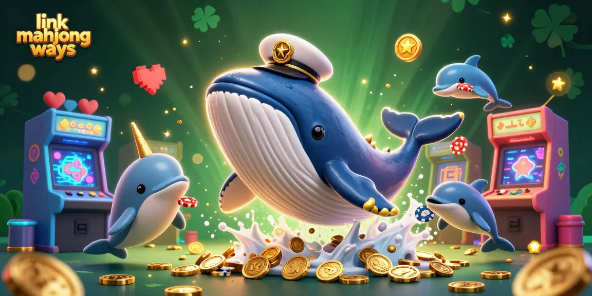 Experience excitement with link mahjong ways as whales and dolphins navigate a vibrant casino arcade.