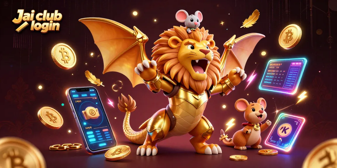 Join Jai Club login action with a golden chimera, crypto coins, and dynamic game elements.