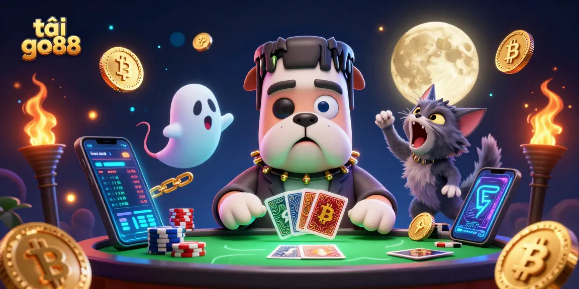 Experience the thrills of tải go88 with a vibrant illustration of spooky casino elements and card dealing.
