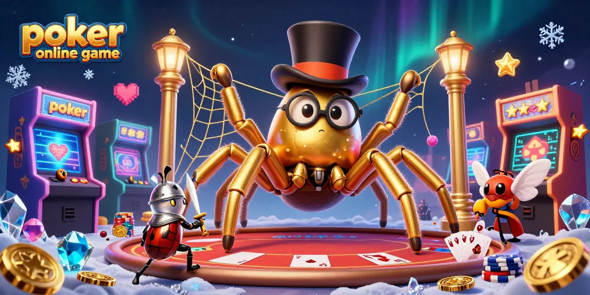 Engage in an exciting poker online game as a regal tarantula weaves golden threads amidst casino elements.