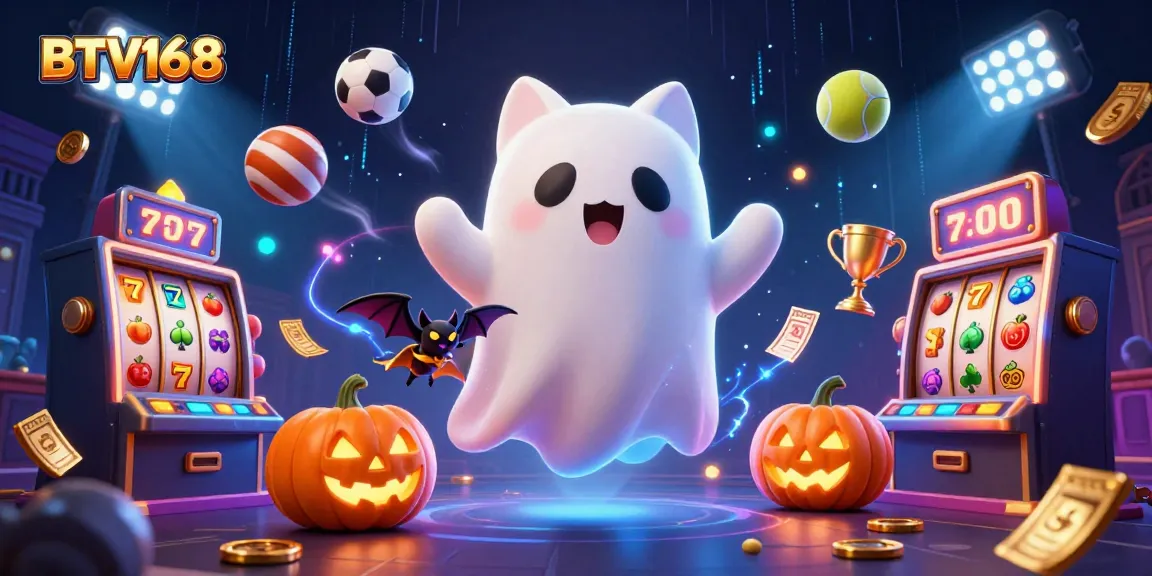 Win big with BTV168 at a vibrant haunted casino featuring a ghost cat and unique game elements.
